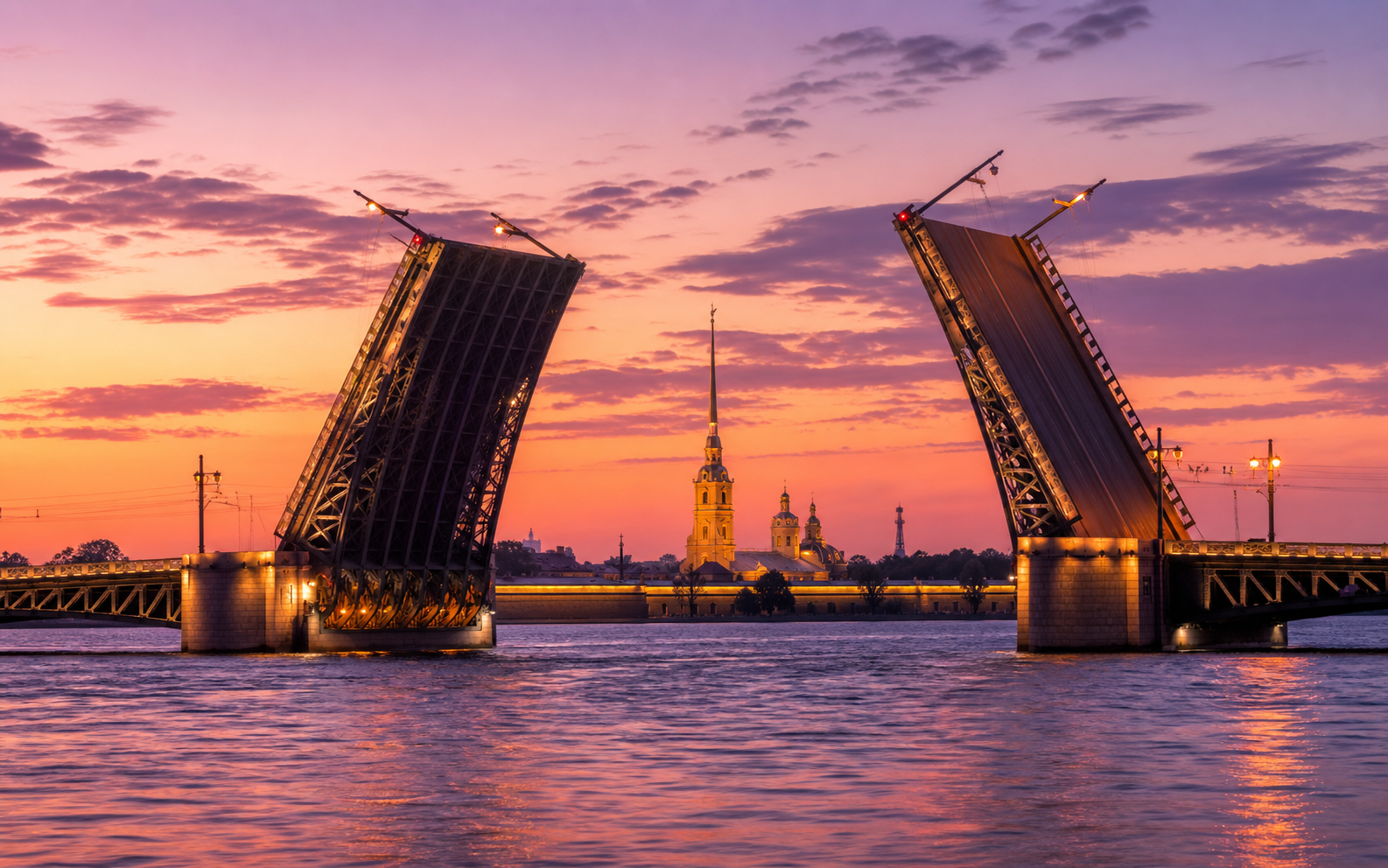 Saint Petersburg raised bridge at sunset